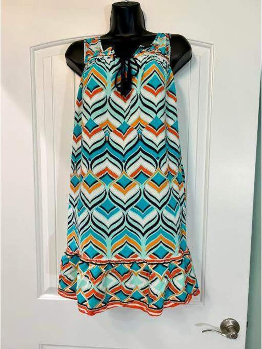 🌺 Aqua & Orange Boho Tassel Shift Dress Size XL